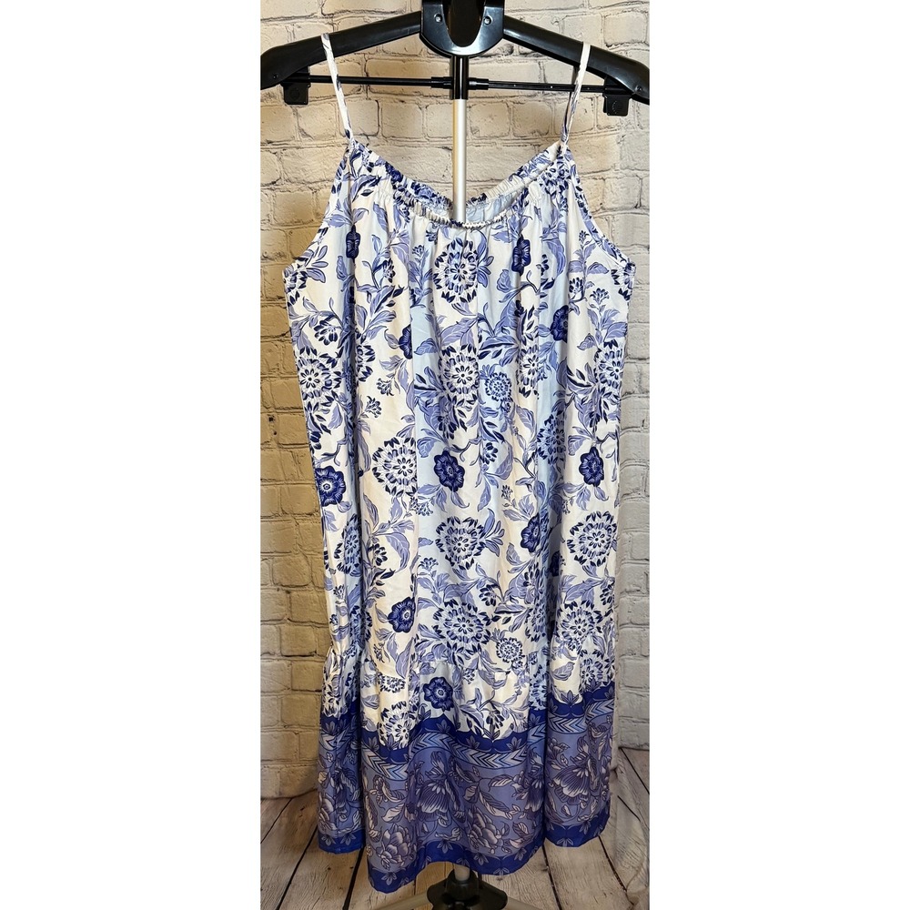 Blue White Floral Medallion Spaghetti Strap Sundress XL Boho Coastal Summer - Picture 2 of 5
